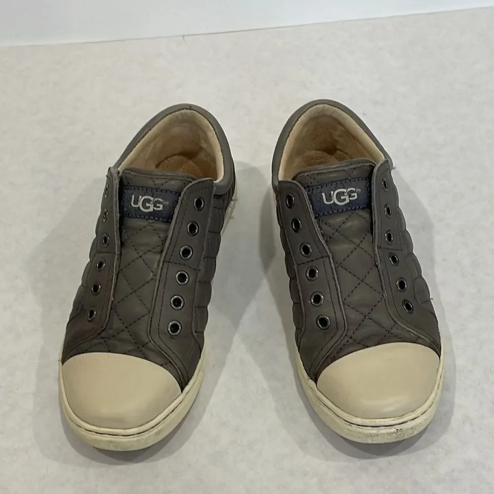 UGG Jemma Quilted Leather Sneakers Womens Size 6 Grey Slip On Low Top Slides